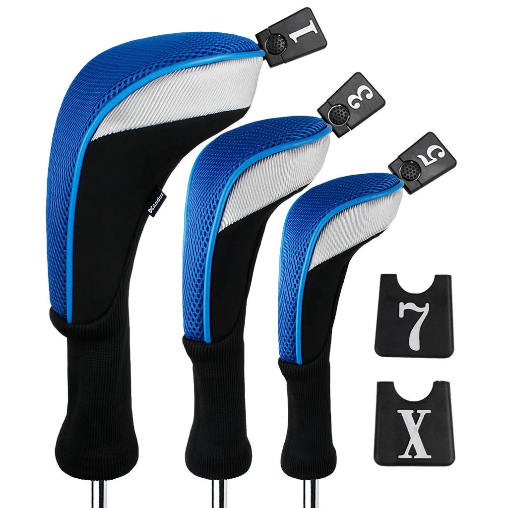 Andux Golf Long Neck Wood Driver Headcovers with Interchangeable Numbered Set of 3 Tags, (Blue)