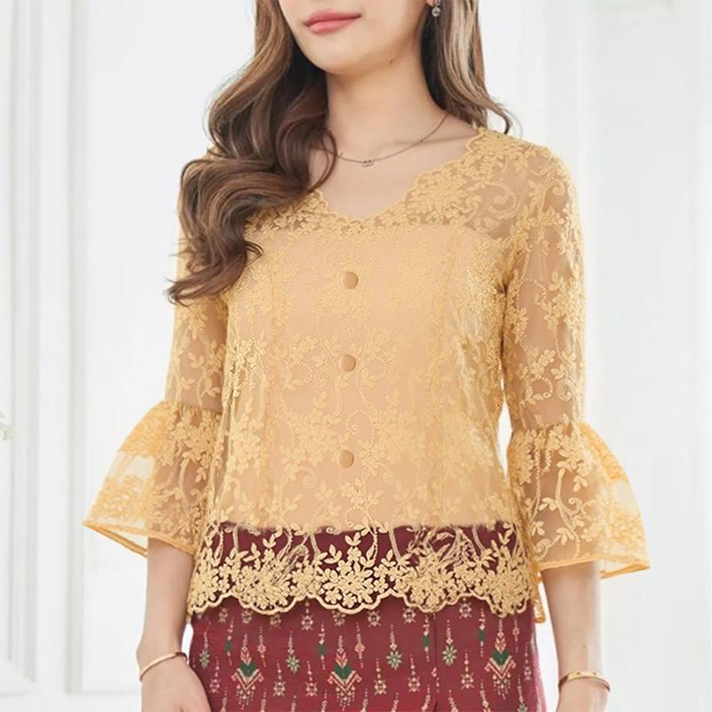 

ZANZEA Женская повседневная блузка с V-образным вырезом, рукавом 3/4 и кружевной вставкой в стиле пэчворк M хаки