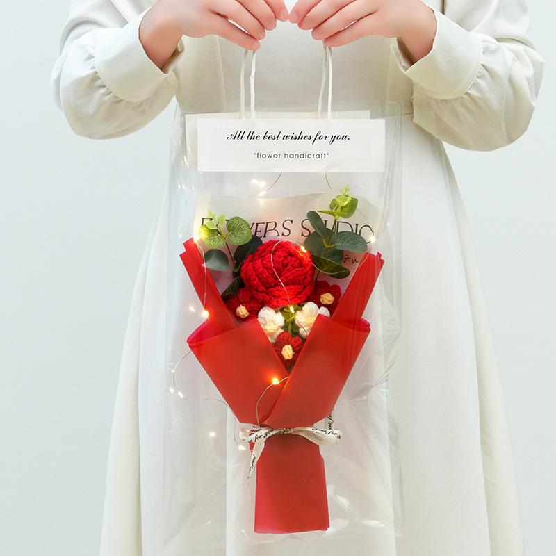 Knitted Flower Bouquet Crochet Rose Flowers Hugging Bucket New Year Gifts Living Room Desk Decoration Mother s Day Gift with lights