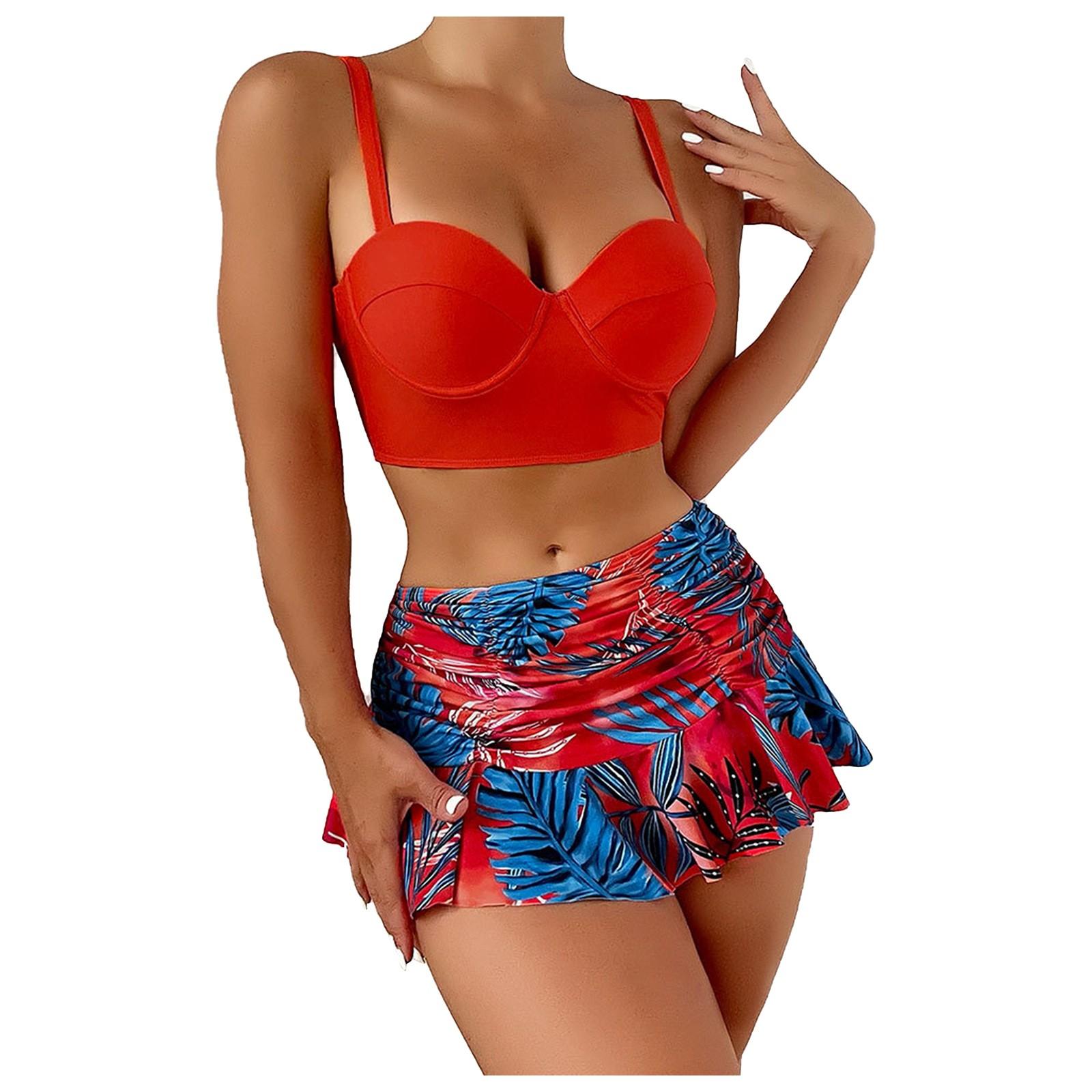 

Women s separate sexy drawstring hanging neck pleated skirt bikini with chest pad no steel bracket swimsuit M красный