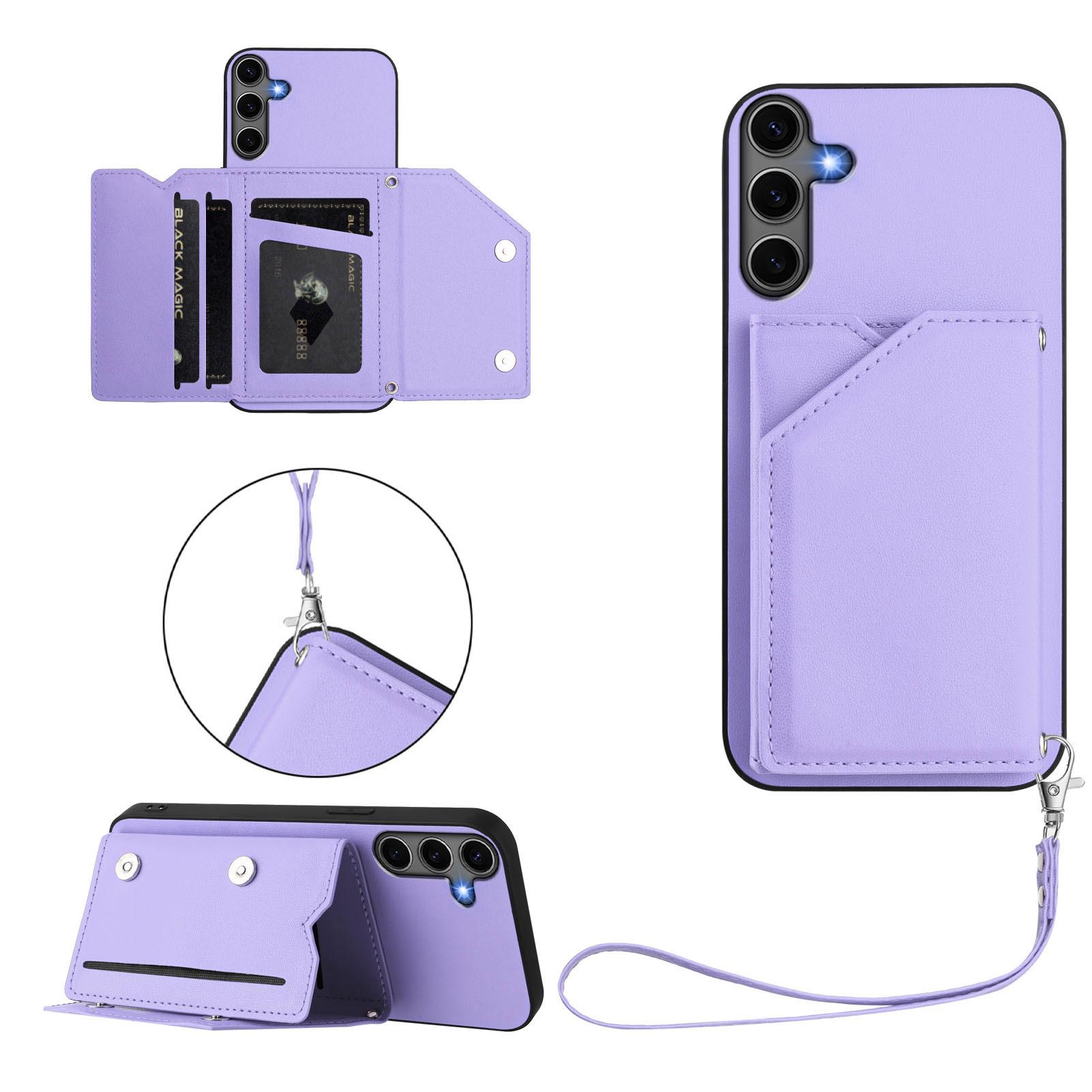 

For Samsung Galaxy S25+ Case Card Holder Kickstand Skin-Touch Phone Cover with Wrist Strap Light Purple