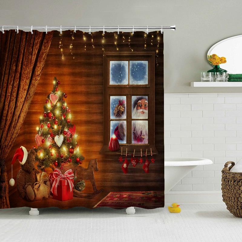 Frohe Weihnachten Duschvorhänge 3D Badvorhänge Schneemann Weihnachtsmann Baum Hirsch Dekorativer Polyesterstoff 180*240Cm Sichtschutz