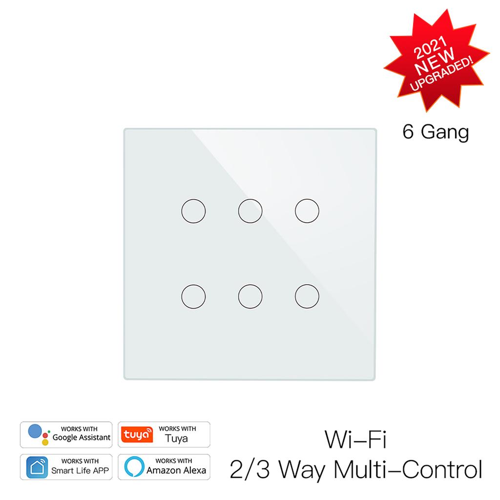 Tuya Moes Glas WiFi Wand-Touch-Panel Intelligenter Lichtschalter 6-fach RF Drahtlos Multi-Control Kompatibel mit Alexa Google Home