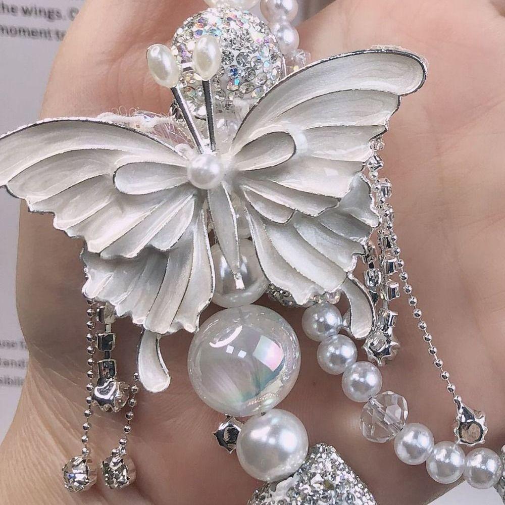 Glitter Butterfly Key Chain Pearl Beaded Cell Phone Lanyard Beads Bag Pendant  Backpack Pendant