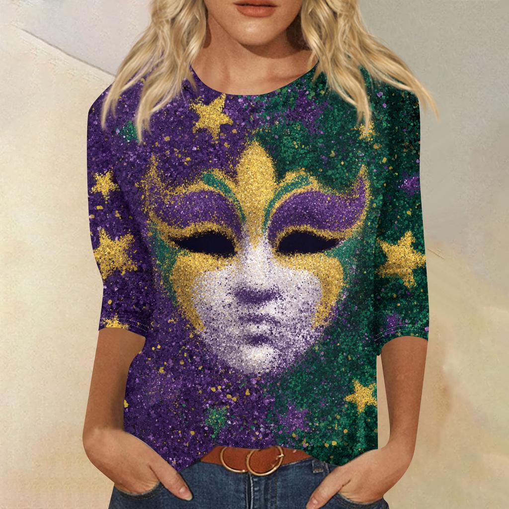 Women's Fashion Casual Round Neck Three-quarter Sleeve Carnival Print T-shirt Top