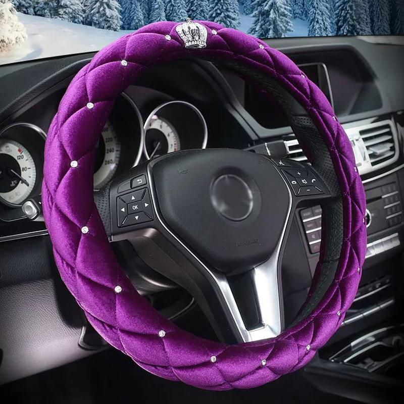 Winter Car Steering Wheel Cover Diamond Crystal Crown Plush Fur Steering-Wheel Cases Auto Interior Accessories For Women Girls