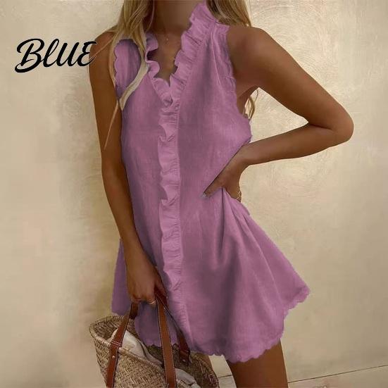 Lightweight Cotton Dress Summer Ruffle Mini for Women Sleeveless V Neck Beach Resort Wear Linen Short Dress Boho Vacation Casual A-Line Sundress