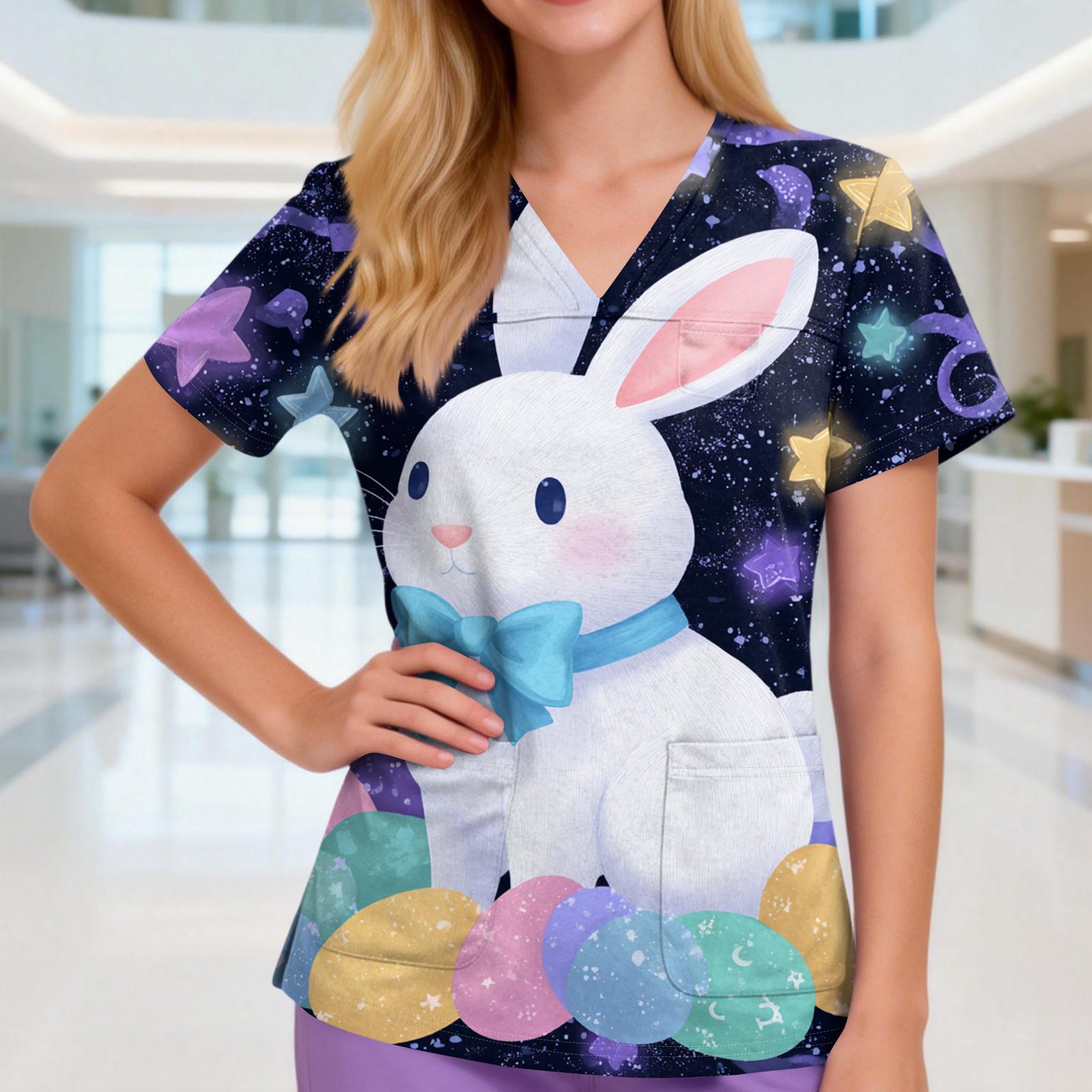 

Женская униформа/топ для сиделки с V-образным вырезом, тремя карманами, коротким рукавом, пасхальным принтом и разрезами по подолу M чёрный