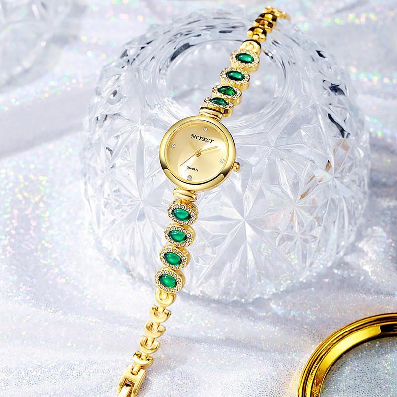 Mcykcy Gold Alloy Watch With Gemstone Dial For Women Elegant Quartz Timepiece