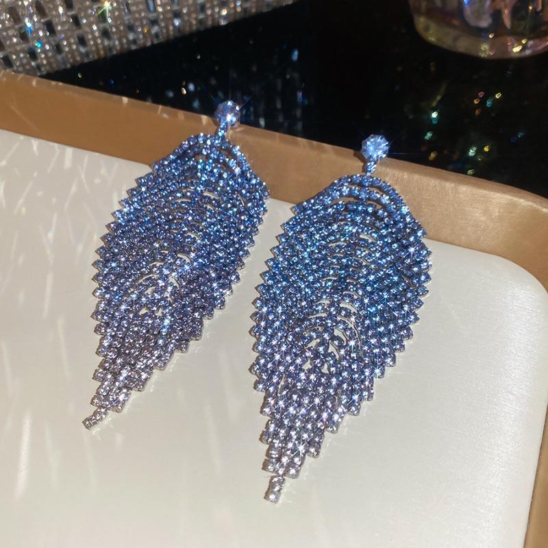 Silver Needle Diamond Leaf Tassel Earrings Luxury Exaggeration Heavy Industry Earrings Design Sense Niche Earrings Women