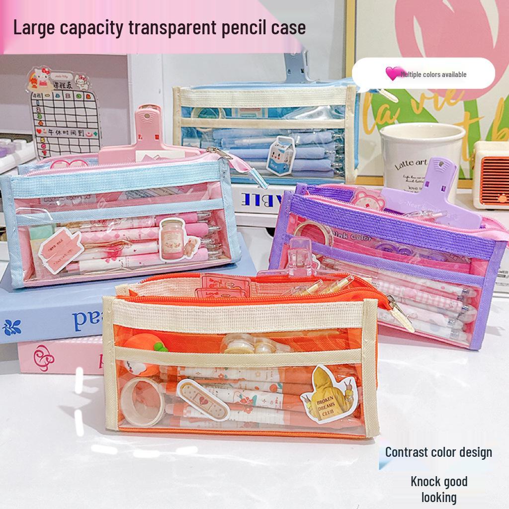 Dopamine Color Block Transparent Pencil Case: Multi-Layer Patchwork Design for Students