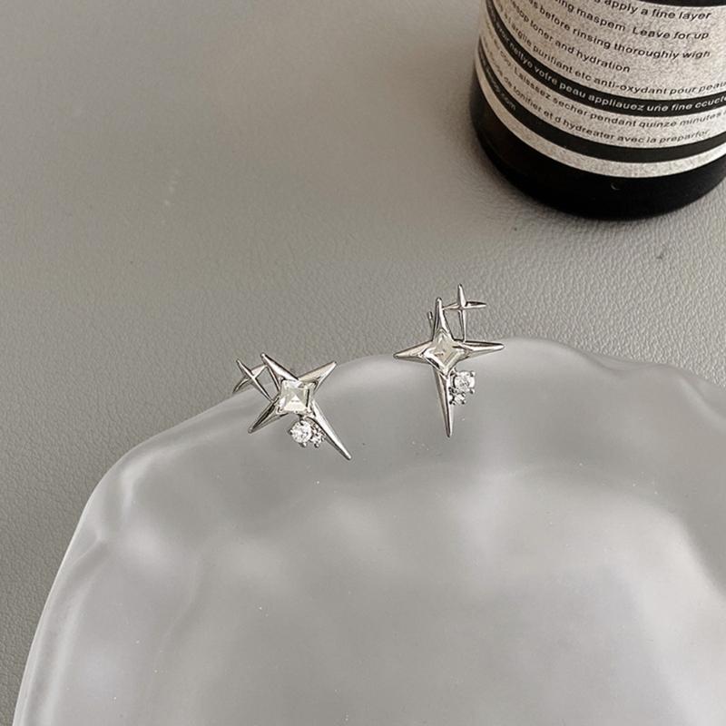 Metal Crossed Star Crystal Zircon Earrings for Women Girls Novel Geometric Four-Pointed Star Stud Earrings Party Jewelry