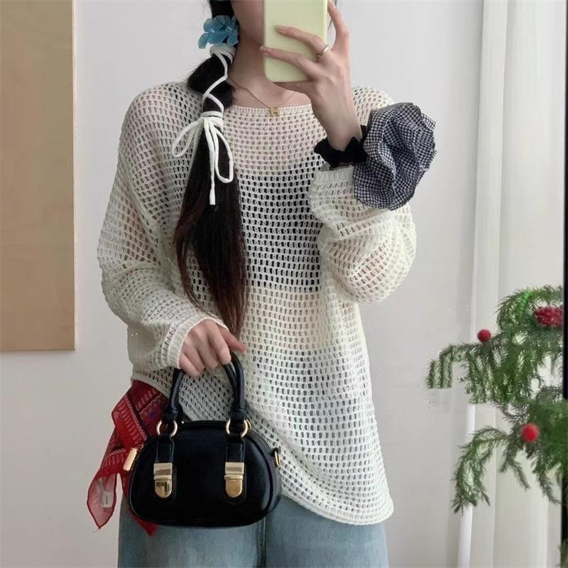 Sanftes Ein-Wort-Kragen lockeres hohles Design Taille zum Schnüren Bluse Damen lässig dünn Sonnenschutz Strickpullover Top