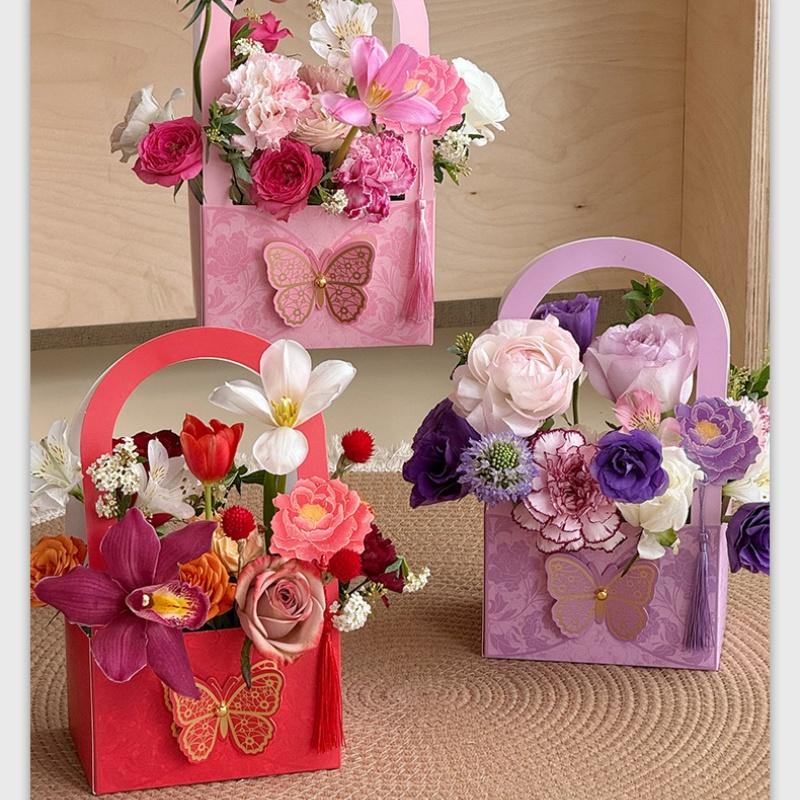 3PCS Butterfly Portable Flower Box Gift Box Flower Tote Bag Rose Candy Dessert Packaging Box Valentine's Day Weeding Gift