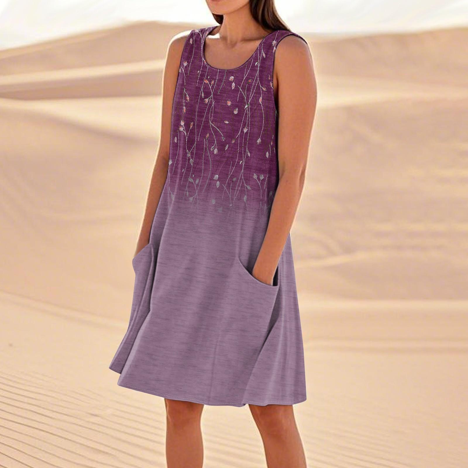 

Летние платья для женщин, свободные пляжные повседневные сарафаны без рукавов с карманами, платье-майка XXL фиолетовый