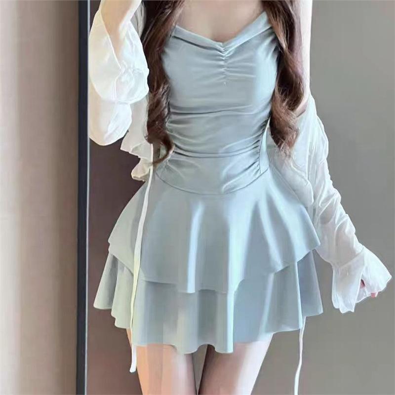 

Swimsuit women s 1111 popular slightly fat cover belly backless sexy skirt one-piece thin pure desire to soak in hot springs M синий