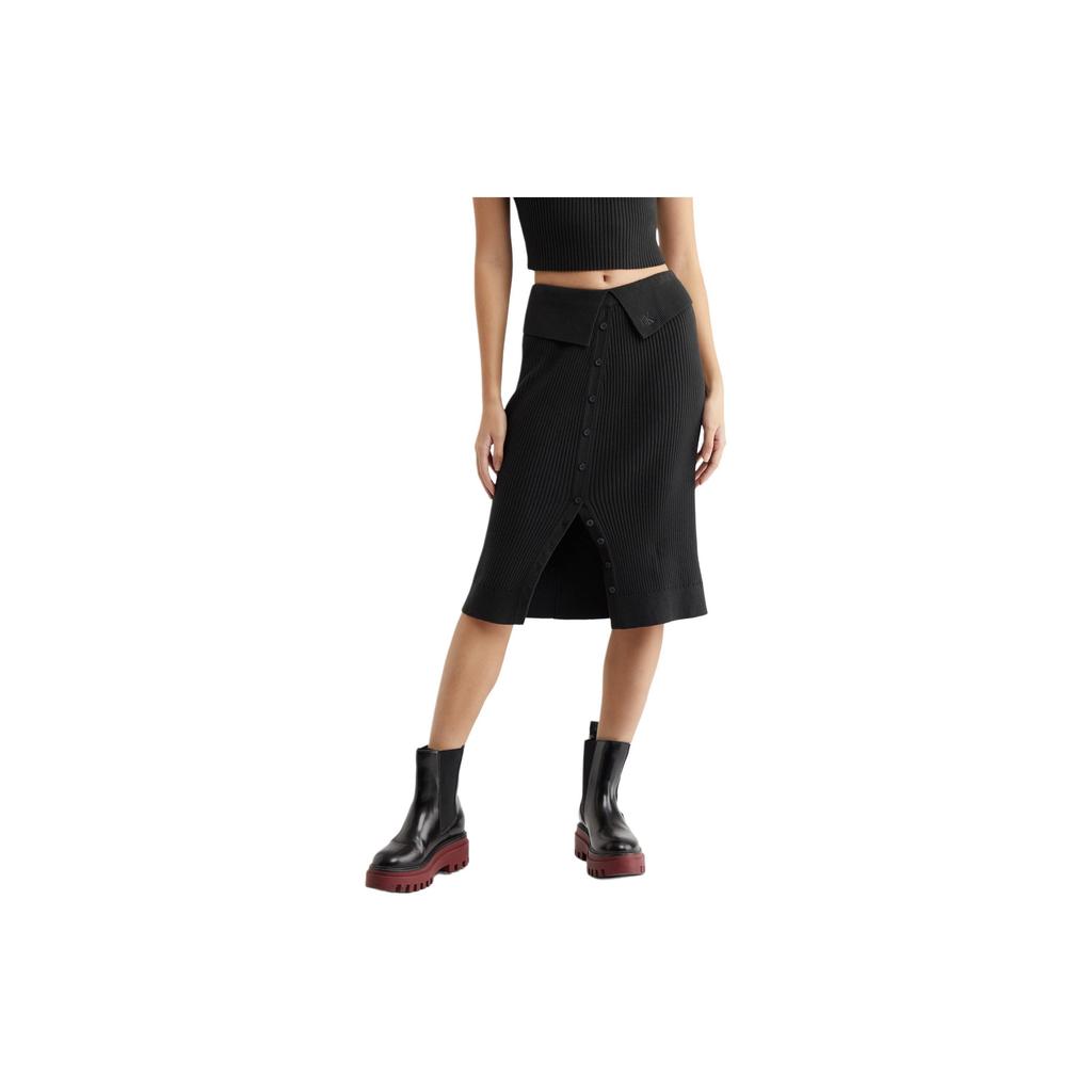 Calvin Klein Solid Color Folded Ribbed Knit Casual Long Skirt Women skirts Black J223352-BEH