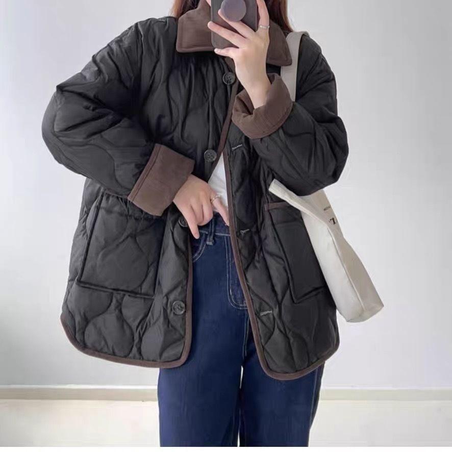 2024 New Cotton Clothes Women's Short Contrasting Color Trendy Design Lapel Contrasting Color Diamond Winter Coat Light and Thin