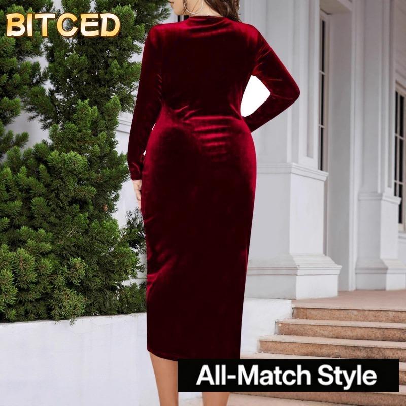 BITCED Fashion Summer Spring Solid Color Print Long Sleeve V-Neck Casual Dresses
