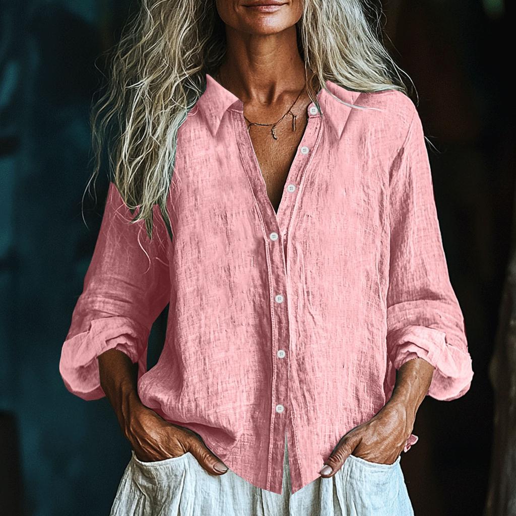 Women's Fashionable And Casual Solid-color Long-sleeved Cotton And Linen Shirt Top