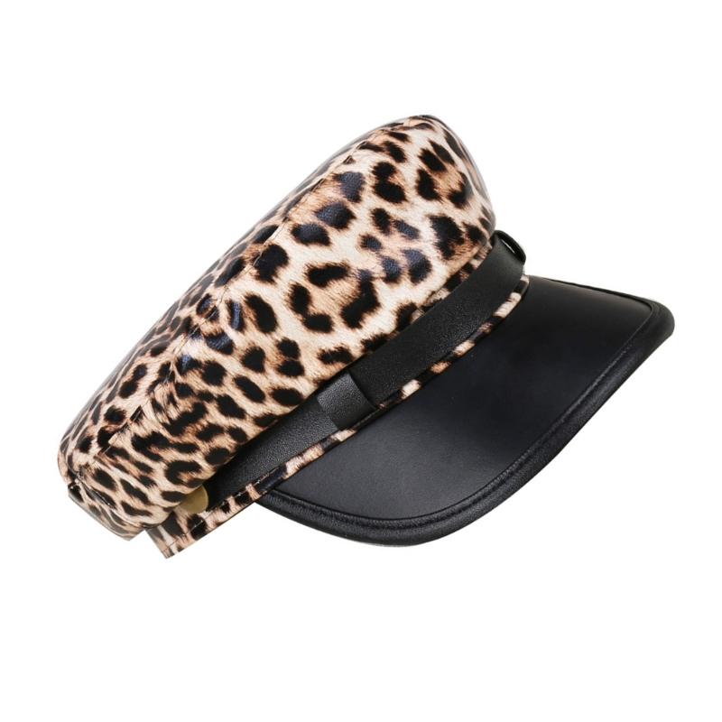 Flat Cap PU Leather Leopard Print Sun Breathable For Outdoor Use Riding Fashion Seamless Construction
