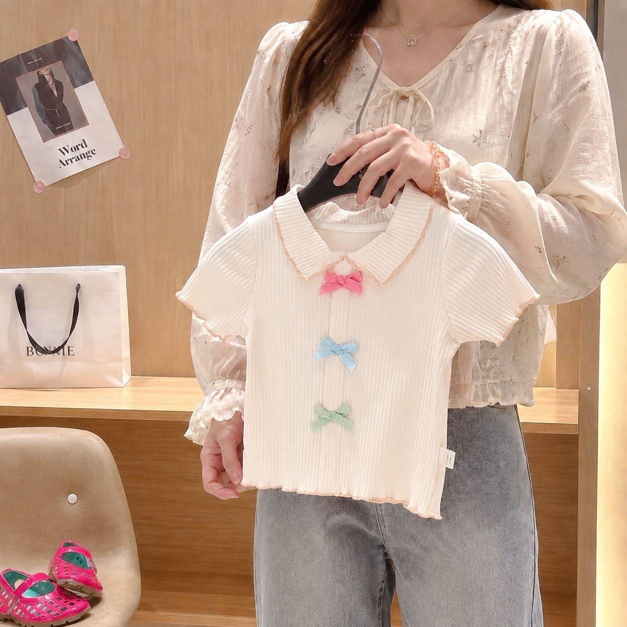 Girls Summer Light Apricot Slim Fit Sweet Bow Short Sleeve T Shirt Breathable 90