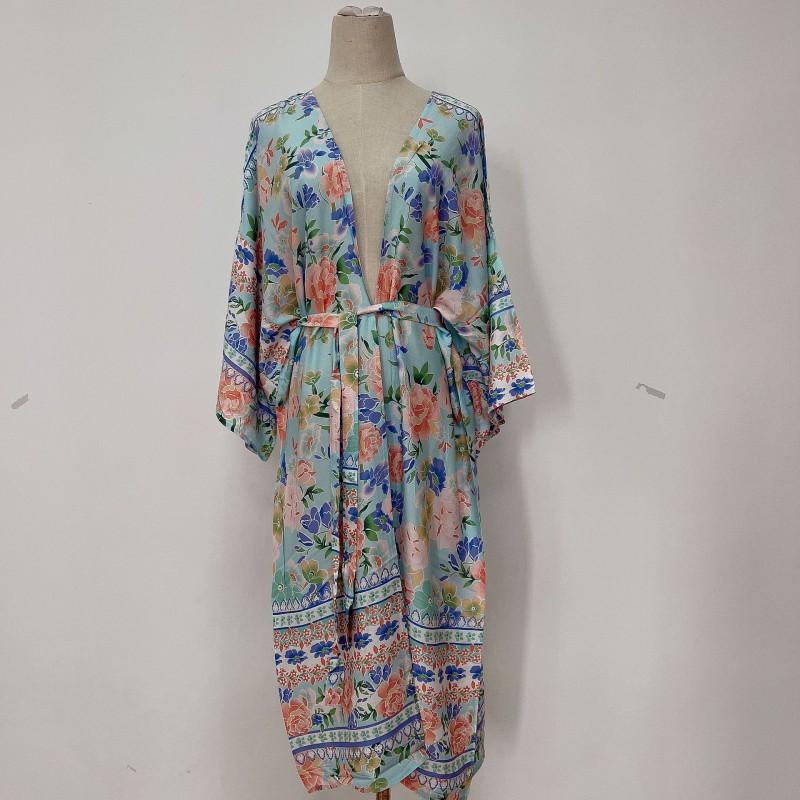 Womens Cotton Beach Cover Up Dress With Floral Print Lightweight Kimono Style Swimwear Overlay