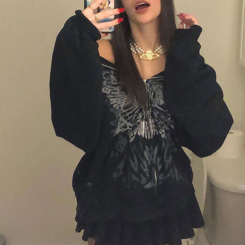 Y2K Grunge Punk Butterfly Print Zip-up Hoodies Mall Goth Streetwear Black Hooded Coat Long Sleeve Autumn Loose Jacket