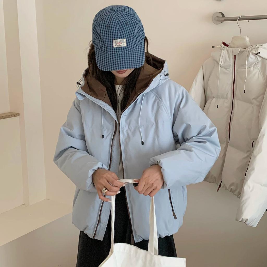 Down jacket women's short winter new hooded loose casual retro trendy brand contrasting color outdoor warm jacket