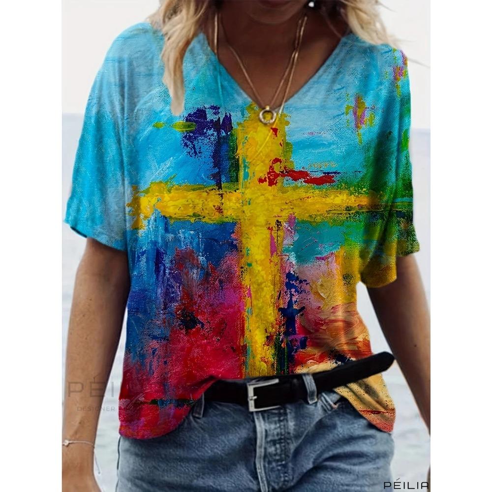 3D retro printed V-neck short sleeved shirt, fashionable women's T-shirt clothing