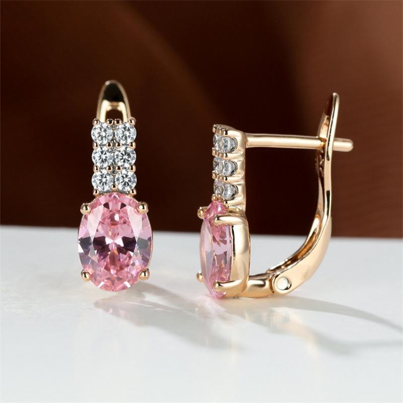 Oval amethyst zircon plated champagne gold ear buckle wedding earrings for women