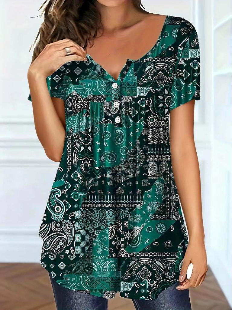 Elegant Paisley V-Neck Plus Size Top for Women - Spring/Summer