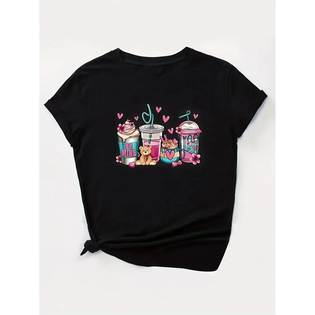 Cute Bear Drink Print T-shirt Women Short Sleeve Crew Neck Casual Top Summer Tshirt Fashion Kawaii Women's Clothing