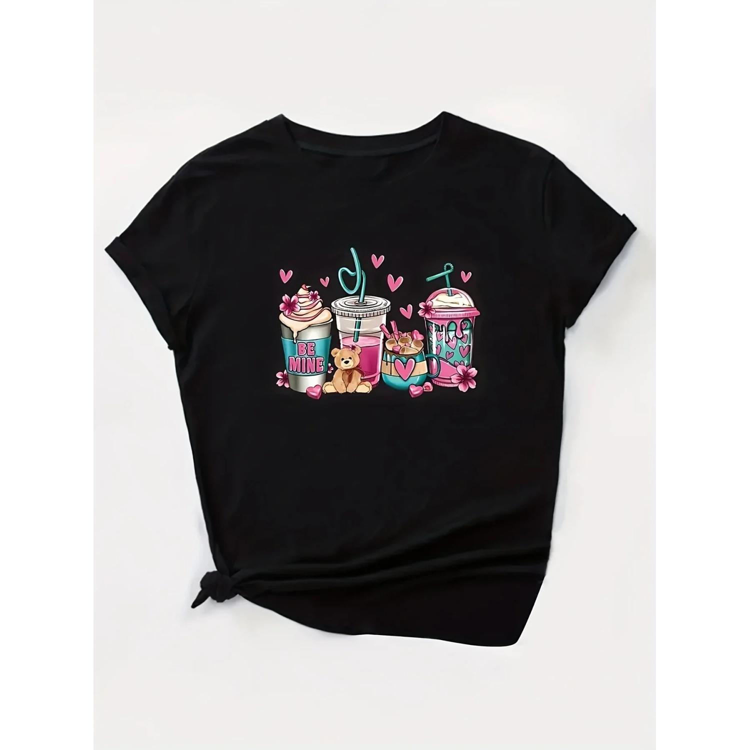

Cute Bear Drink Print T-shirt Women Short Sleeve Crew Neck Casual Top Summer Tshirt Fashion Kawaii Women s Clothing XXXXXL чорний