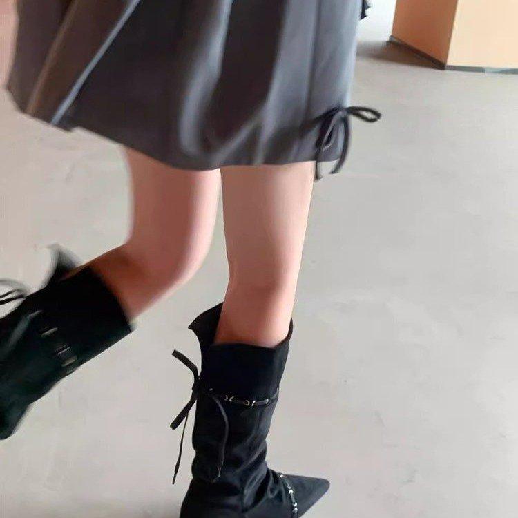 "Wasteland Spice Girls" Innenerhöhung Western-Cowboystiefel Damen Herbst und Winter Plüschstiefel Schnürstiefel Skinny Kniestiefel