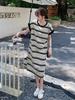 Summer Ice Silk Striped Knee-Length Short-Sleeve Dress Loose Tummy-Hiding Slimming T-Shirt Maxi Dress