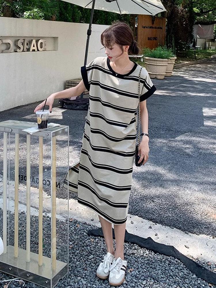 Summer Ice Silk Striped Knee-Length Short-Sleeve Dress Loose Tummy-Hiding Slimming T-Shirt Maxi Dress