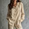 Women's Casual Long Sleeve Hooded Shirt with Drawstring, Wooden Buttons and Patch Pockets - Loose Fit
