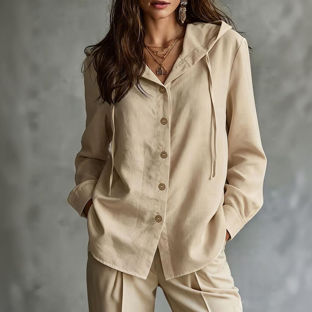 Women's Casual Long Sleeve Hooded Shirt with Drawstring, Wooden Buttons and Patch Pockets - Loose Fit