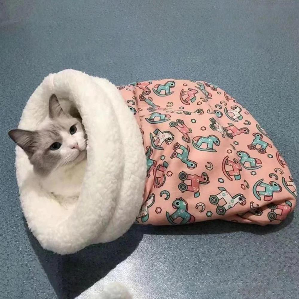 Cat Sleeping Bag Soft Cuddly Fluffy Feel Thickened Pet Pocket Type Quilt Bed Kitten Puppy Soft Comfortable Warm Nest Pet