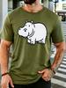 Simple Line Drawing Cute Hippo Graphic Unisexs Crew Neck Short Sleeve Cotton T Shirt Minimalist Wild Animal Print Male Casual Top