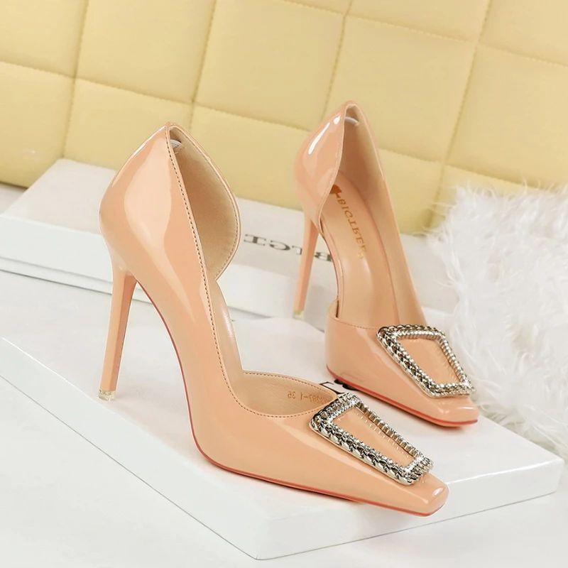 Square Head Side Hollow Shallow Mouth Style High Heel Shoes Rhinestone Metal Square Buckle Decoration Super High Heel Shoes