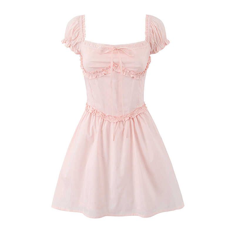 Babyboo French Style Young Adult Ballet Style Pure Desire Sweet off-Shoulder Puff Sleeves Shoelace Waist Short Dress