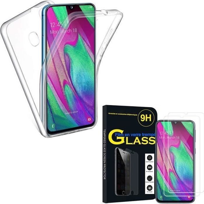 Coque Silicone - Samsung - Galaxy A40 - Protection intégrale - Transparent - 2 Films Verre Trempé