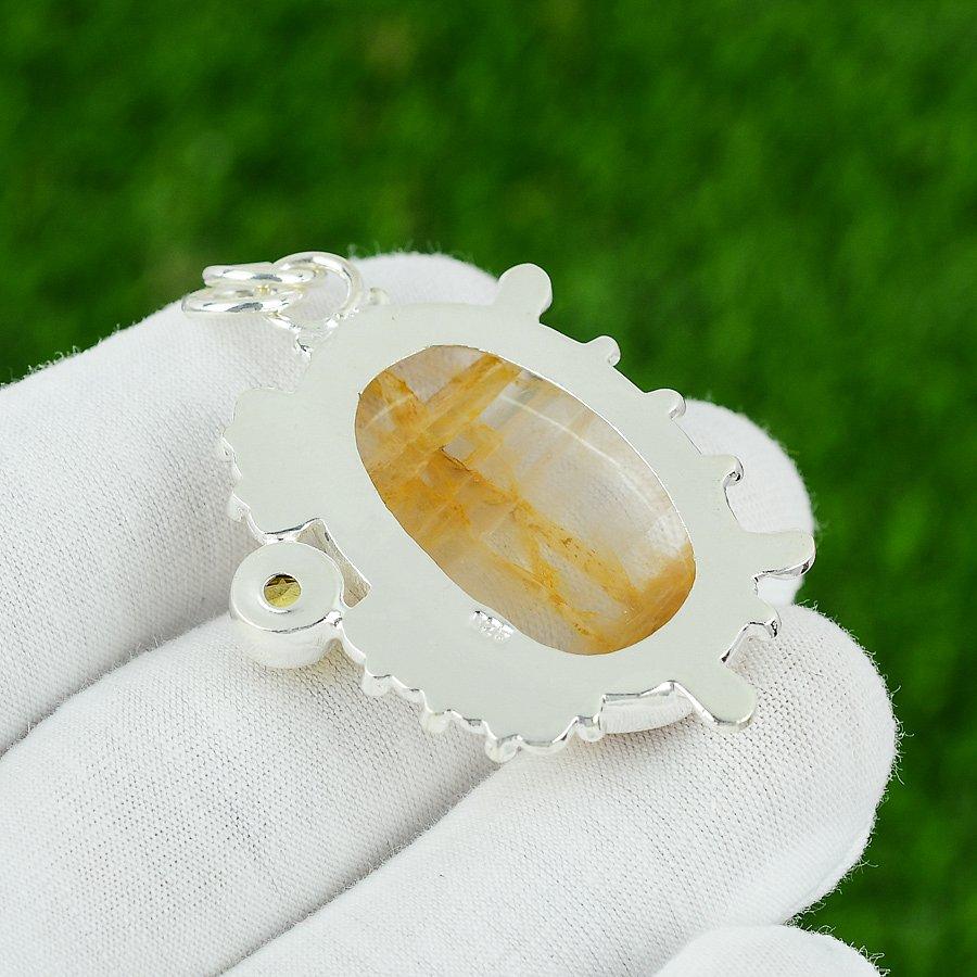 Natural Golden Rutile Gemstone Pendant 925 Sterling Silver Indian Jewelry