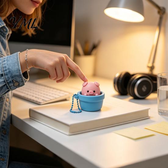 Potted Pig Pendant Clicker Toy with Bead Chain, Clicky Button Fidget Chain for Stress Relief, Finger Backpacks School Bags Decor