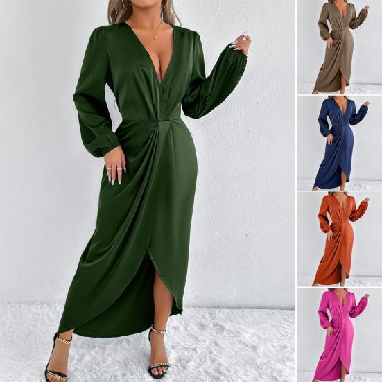 Women's Satin Wrap Long Dress V Neck Long Sleeve Maxi Dress High Slit Party Dress Cocktail Evening Gown