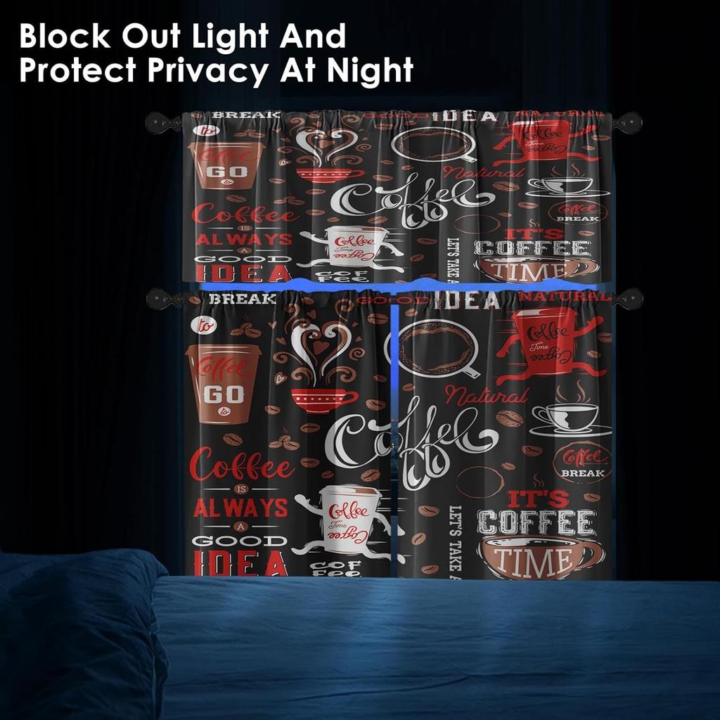 Coffee Kitchen Window Curta Valance and Tier Set 36 Inch, Black Red Cute Rod Pocket Short Tier Curtain, Retro Brown White Doodle Small Cafe Drapes