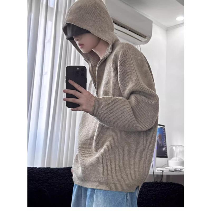 Men S Hooded Half Zip Knit Sweater Loose Warm Casual Pullover