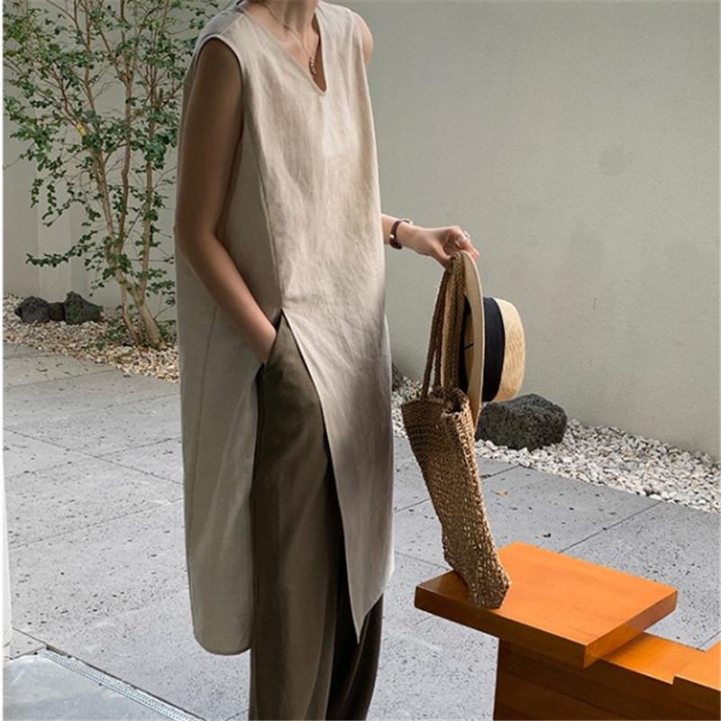Summer linen split dress sleeveless simple v-neck vest skirt knee shirt women s cotton and linen dress S